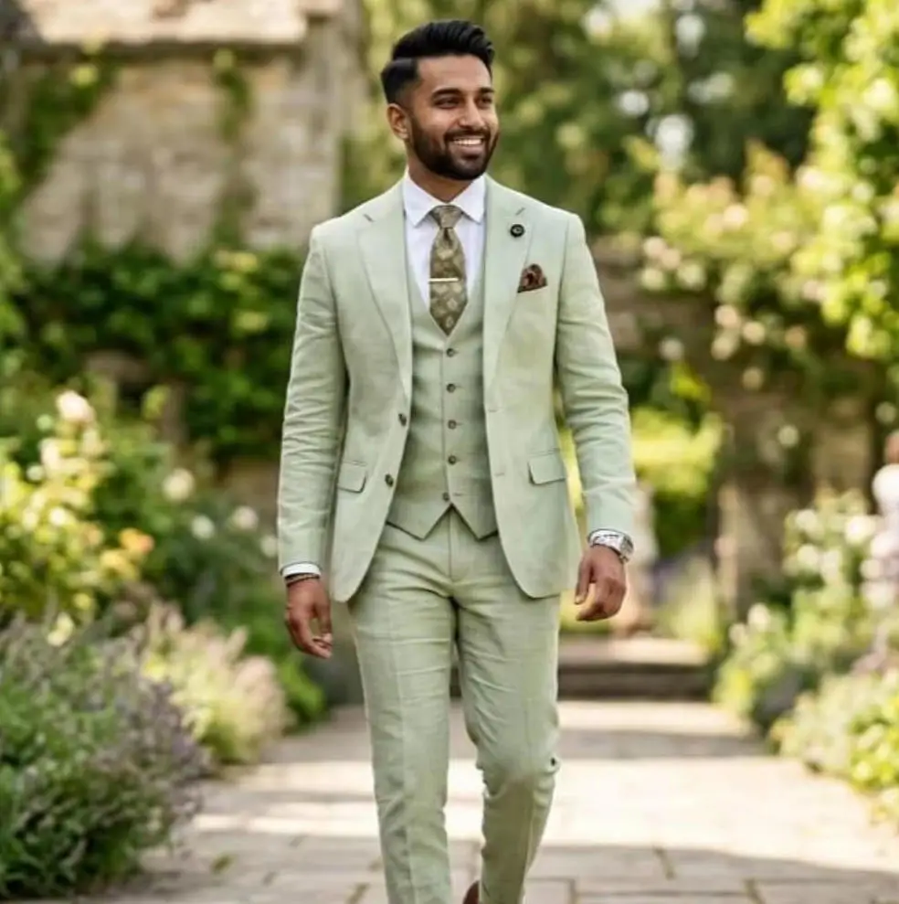 

Sage Green Suits for Men Wedding Linen Blazer Vest Pants Summer Men Suits 3 Pieces Slim Fit Formal Set for Groom Prom Party suit
