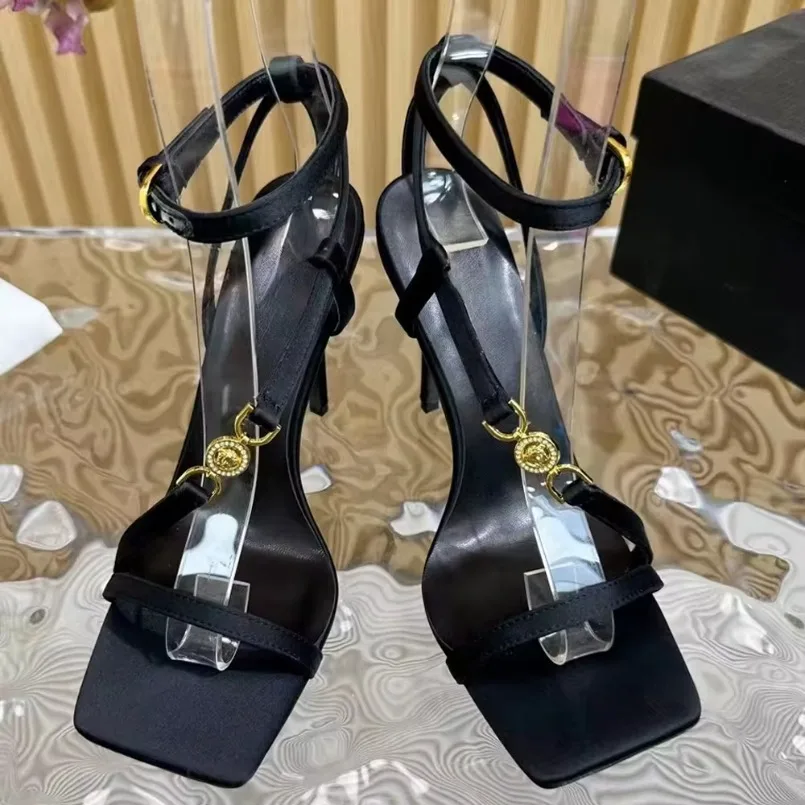 2024 Summer Fashion New One Strap Gold Metal Buckle Square Head Fine Heel Silk Satin High Heeled Women Sandals