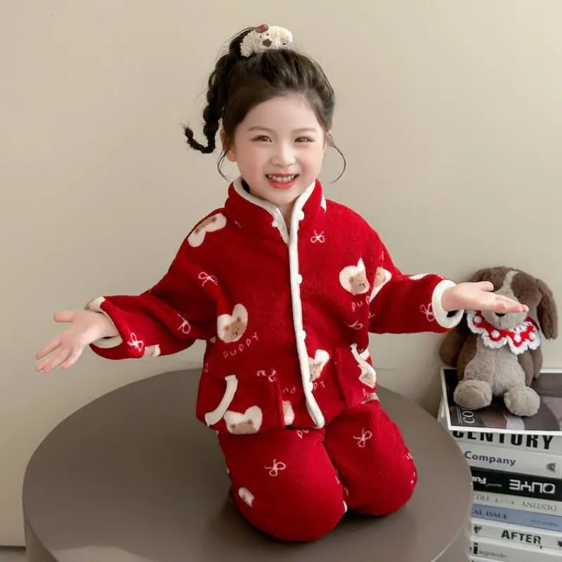 

Hot Christmas Children's Fleece-Lined and Thickened Pajamas Set Boys Girls Home Clothes Suit Infant Flannel Pajamas New Style