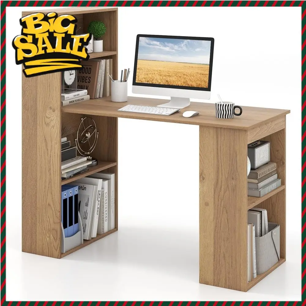 

Natural 48 Desk with Bookshelf, Reversible Study Desk, Storage Shelves, Compact Office & Study Space for Home & Kids RoomLimited