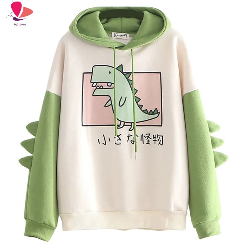 

Dinosaur Oversized Cartoon Hoodie Women Fashion Sweatshirt Casual Print Korean Style Thicken Sweatshirt Winter Dino Hoodie Tops