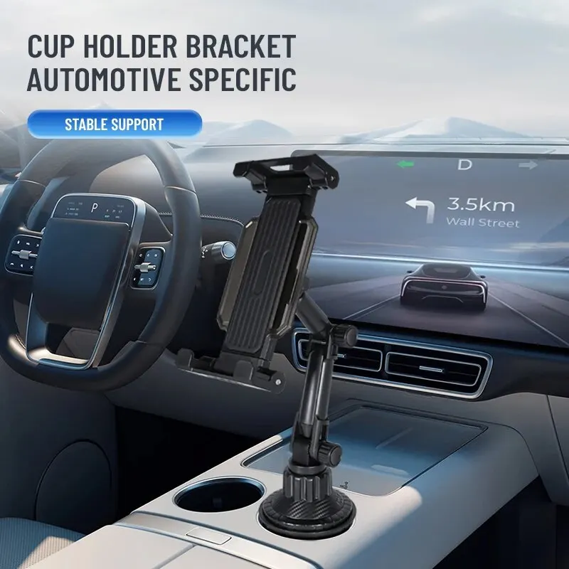 Car Cup Slot Tablet Stand Holder 360 Adjustable Handle Tilt Bar Non-Slip Triangular Base Auto Accessories for Ipad Xiaomi Tab