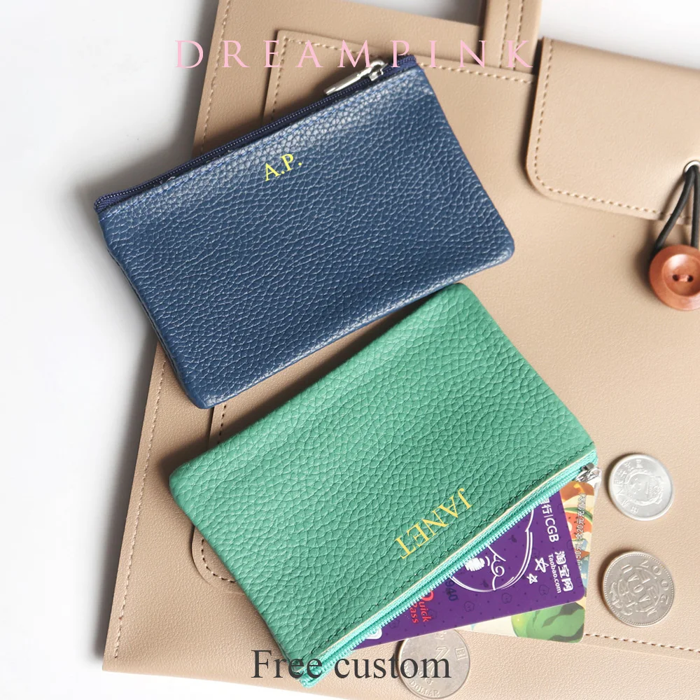 Gratis Custom Brief Portemonnee Echt Leer Zachte Kleine Zip Pouch Goed Organizer Cosmetica Tas Monogram Mini Slim Card Wallet