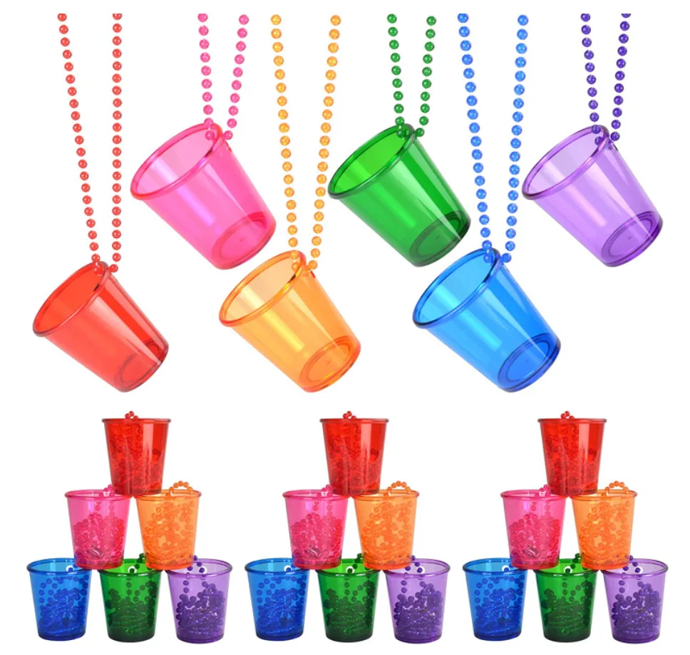 12 Stück Schnapsgläser auf Perlenkette aus Kunststoff, Schnapsbecher-Halskette, Hochzeit, Junggesellenabschied, Geburtstag, Party, Dekorationszubehör – Detail 1