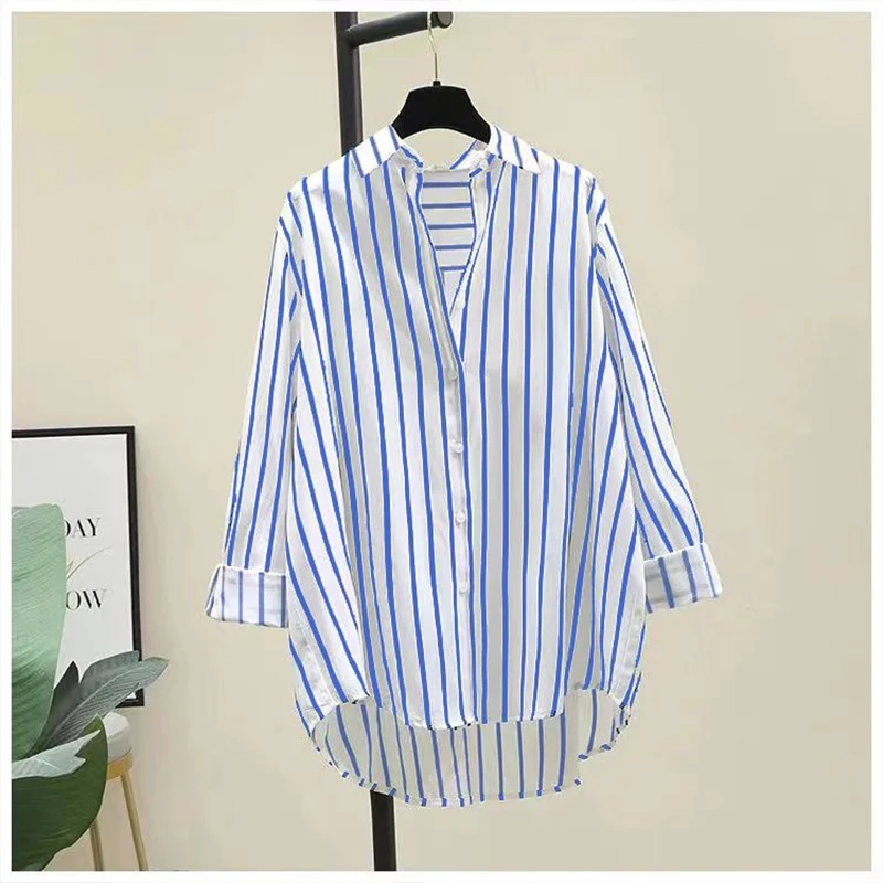 Commuting Simplicity Mid Length Striped Shirt for Women\'s Spring Autumn Lazy Style Long Sleeved Simple Loose Casual Trendy Top