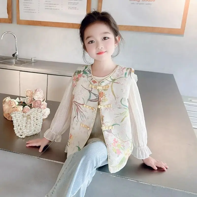 Girl's Spring Autumn 2025 New Korean Style Vintage Vest Set for Kids Kids' Ancient Design Shirt Vest Combo