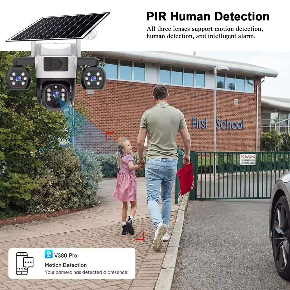 V380 pro câmera solar 4g sim ao ar livre três lentes três telas pir humano detectar cctv bateria de segurança ptz ip camara fazenda pomar