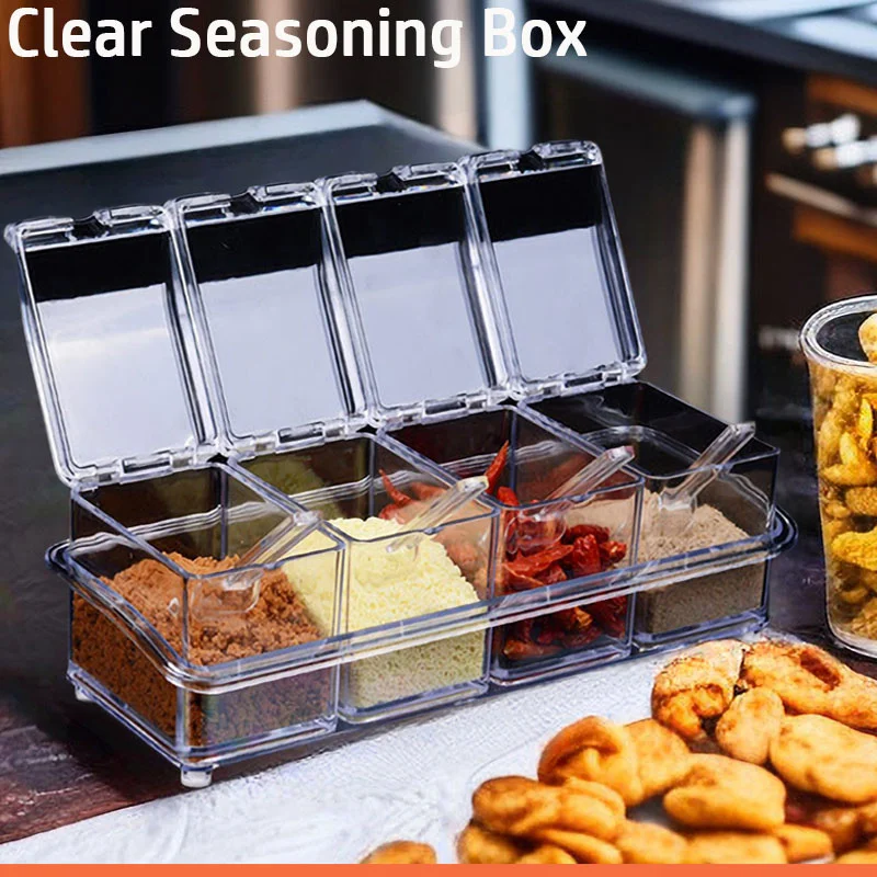 Kitchen Clear Seasoning Box Set Organizer Storage Boxes Spices Seasoning Jar Sugar Salt Bottle With Spoon Kitchen Accessories