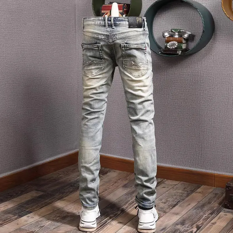 Fashion Vintage Men Jeans Retro Washed Elastic Slim Hole Ripped Jeans Men Embroidery Designer Patched Hip Hop Denim Pants Hombre