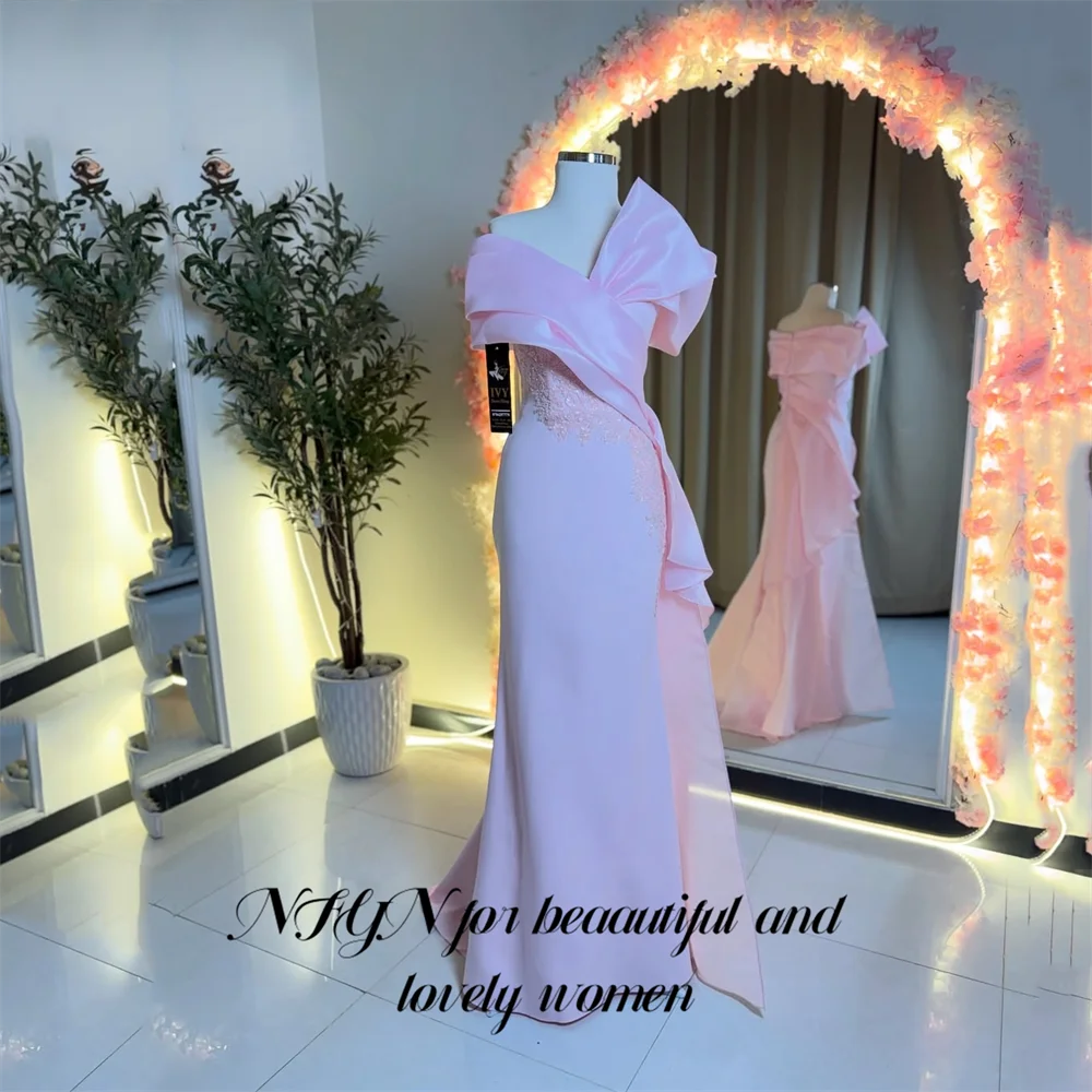 

NFYN Pink Prom Dresses Off Shoulder Gala Dresses Satin Saudi Arabic Evening Party Gown with Lace Christmas Dresses Customized
