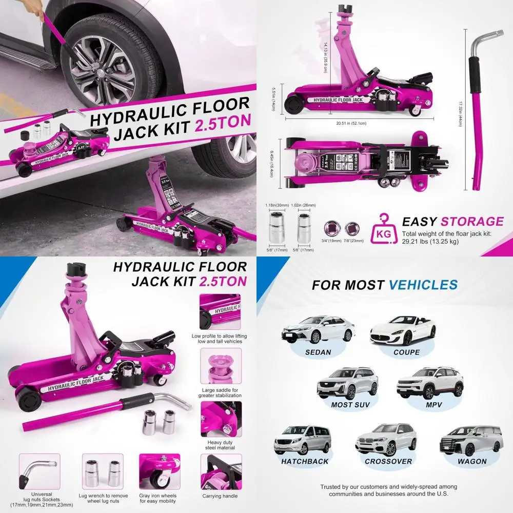 

Гидравлический низкопрофильный домкрат-тележка на 2,5 тонны - идеально подходит для легковых автомобилей, внедорожников и авторемонта, с гаечным ключом, розовый