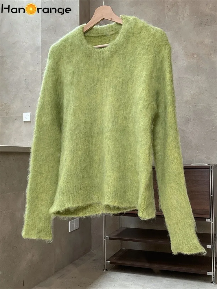 HanOrange 2024 Autumn Winter Woolen Loop Yarn Wool Sweater Women Soft Loose Grass Green Top