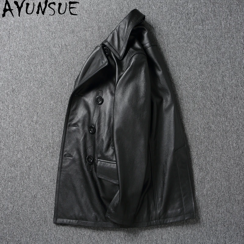 AYUNSUE Soft Cowhide Eather Jacket Autumn Mens Clothing Business Casual Windbreaker Mid Length Jackets Blouson Cuir Homme