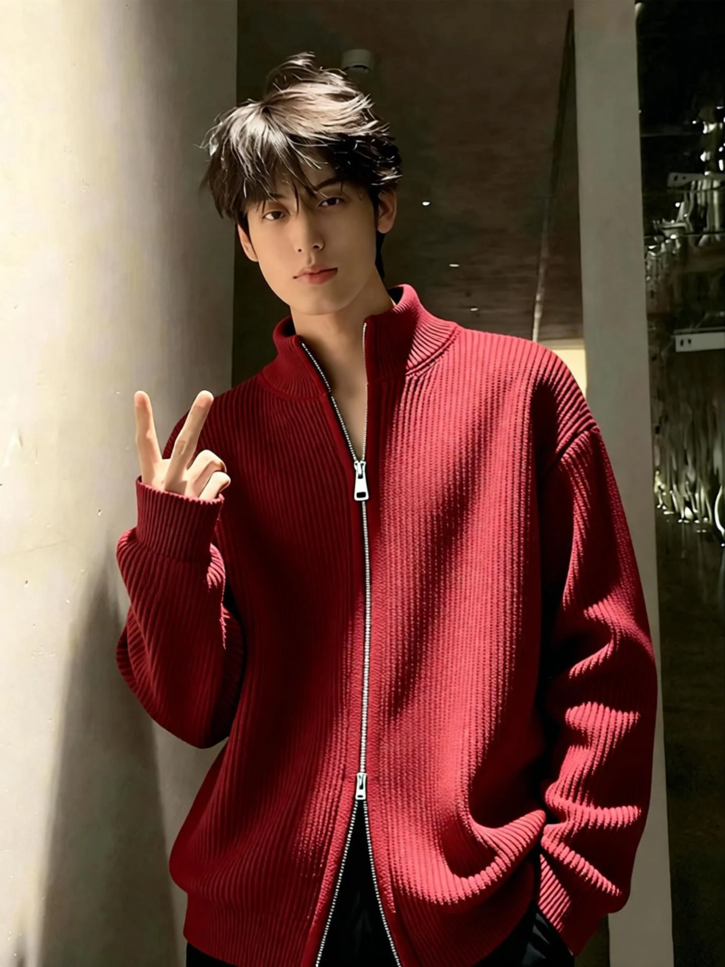 

Красный вязаный кардиган-свитер мужской с воротником-стойкой, премиум-класса, зимний, модный, свободного кроя, на молнии, в американском ретро-стиле