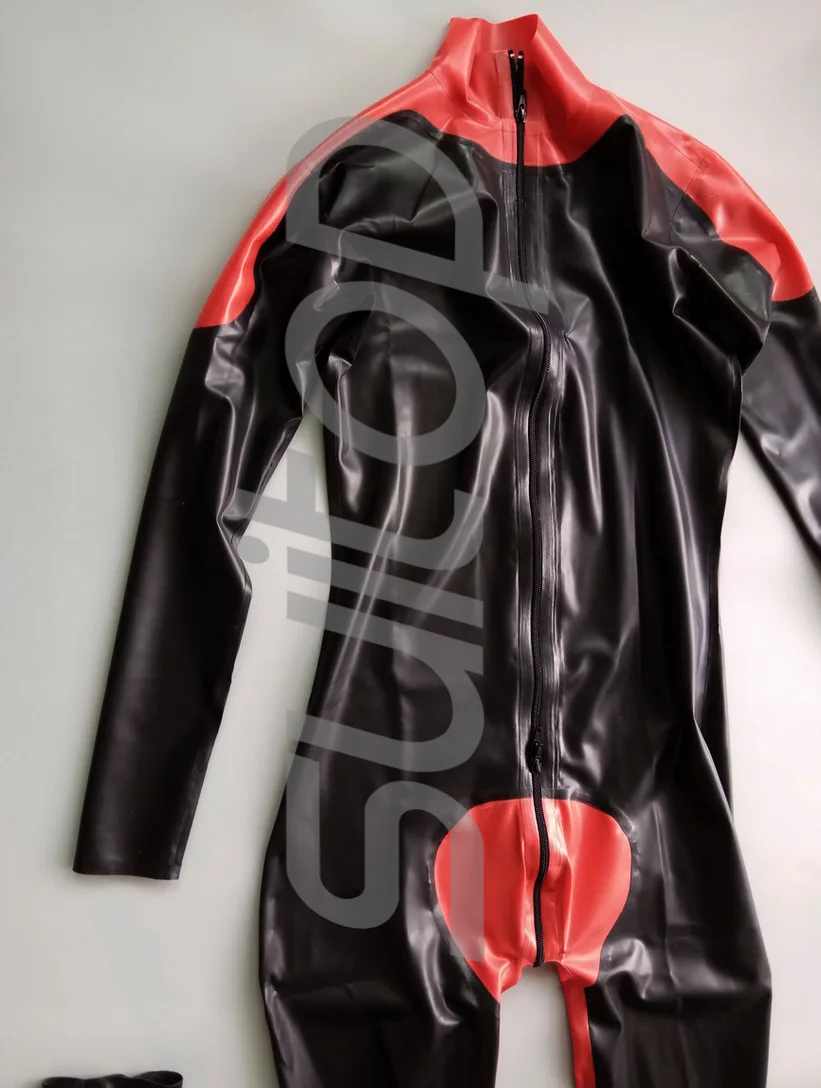 New men's Latex catsuit with socks separat (front zip ) in main black and red trim for sale