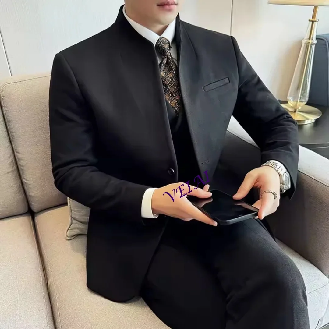 

CustomizedChinese style collarless wool men's suit slim fit business suit wool suit 3-piece set wedding formal men's suit