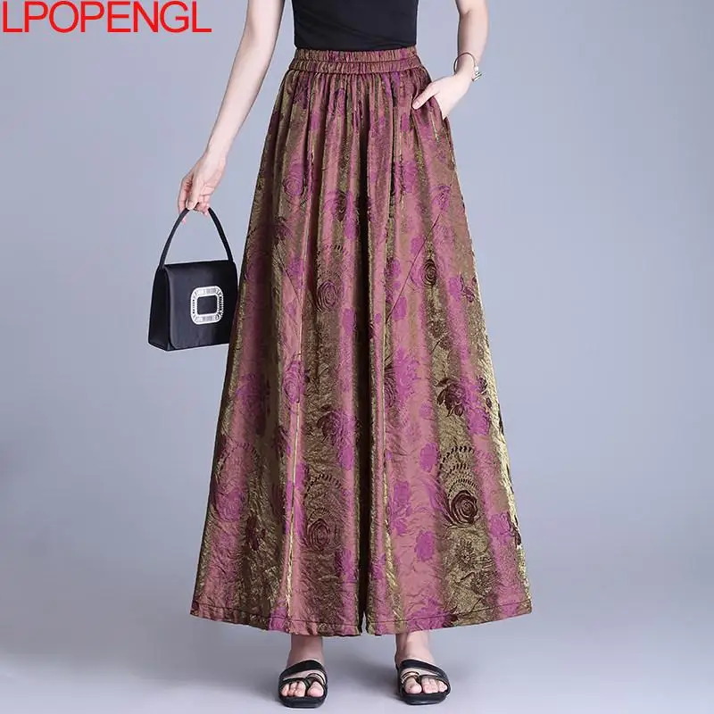2026 Fashion Chinese Style Jacquard Wide Leg Pants Women Summer New Loose Casual Large Swing Temperament Elastic Waist Trousers