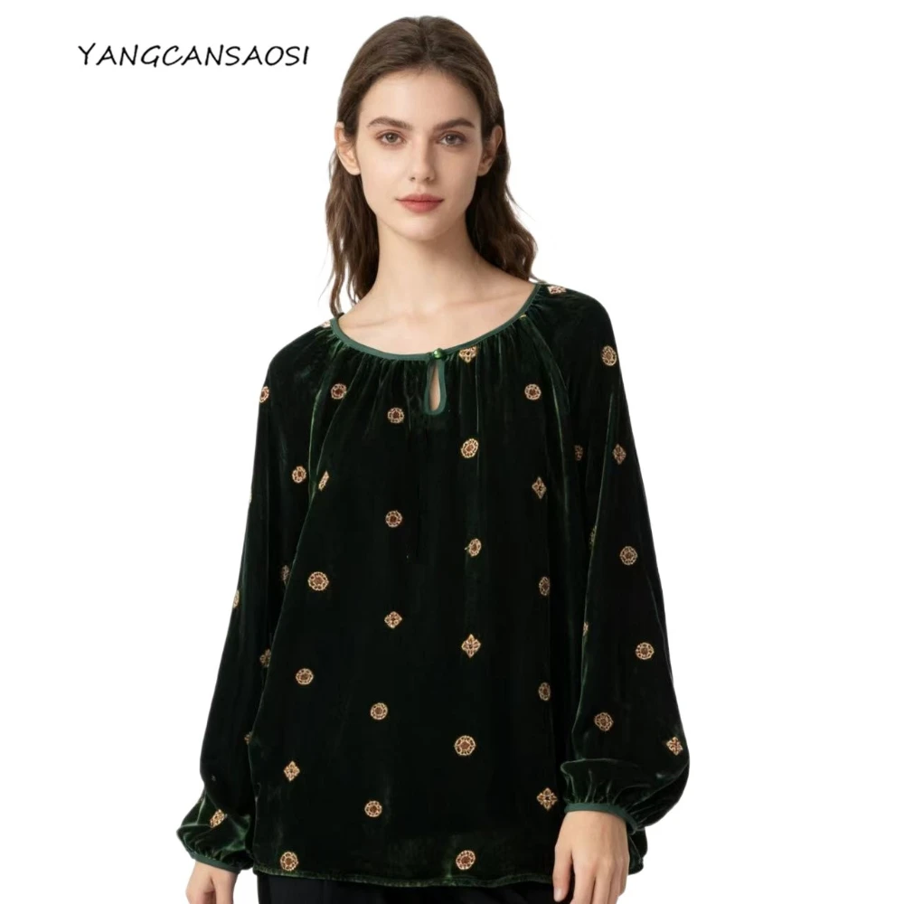 

Exquisite Embroidery 30% Natural Mulberry Silk Velvet Loose Round Neck Pullover Long Sleeved Printed Women's Autumn T-Shirt