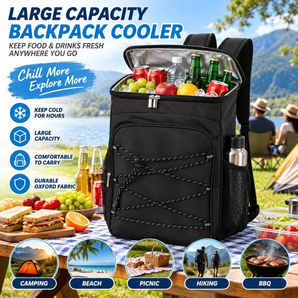 Oxford Cloth and PEVA Insulated Backpack Chest Buckle Straps Side Pockets Cooler Backpack Black Insulated Cooler Bag
