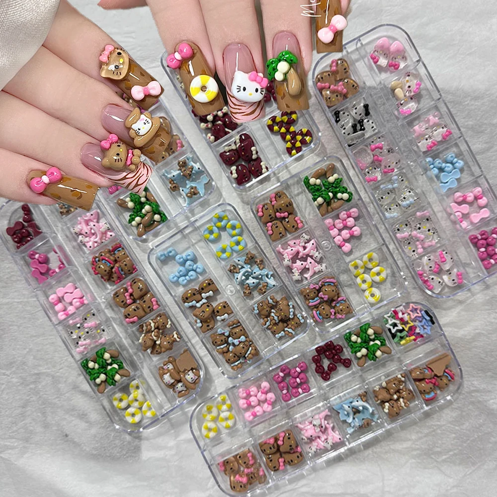 

12Grids Resin Cartoon Hello Kitty Nail Crafts Parts 3D Black Skin Bow Kitty Nail Charms Y2k Tanning Kitten DIY Nail Accessories#