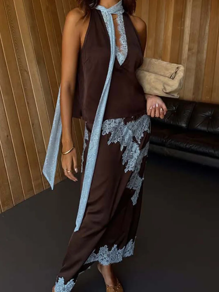 Ensemble gilet et demi-jupe sans manches, couleur contrastée, élégant, à lacets, en Satin, tenues Vintage décontractées, Slim, pour les déplacements