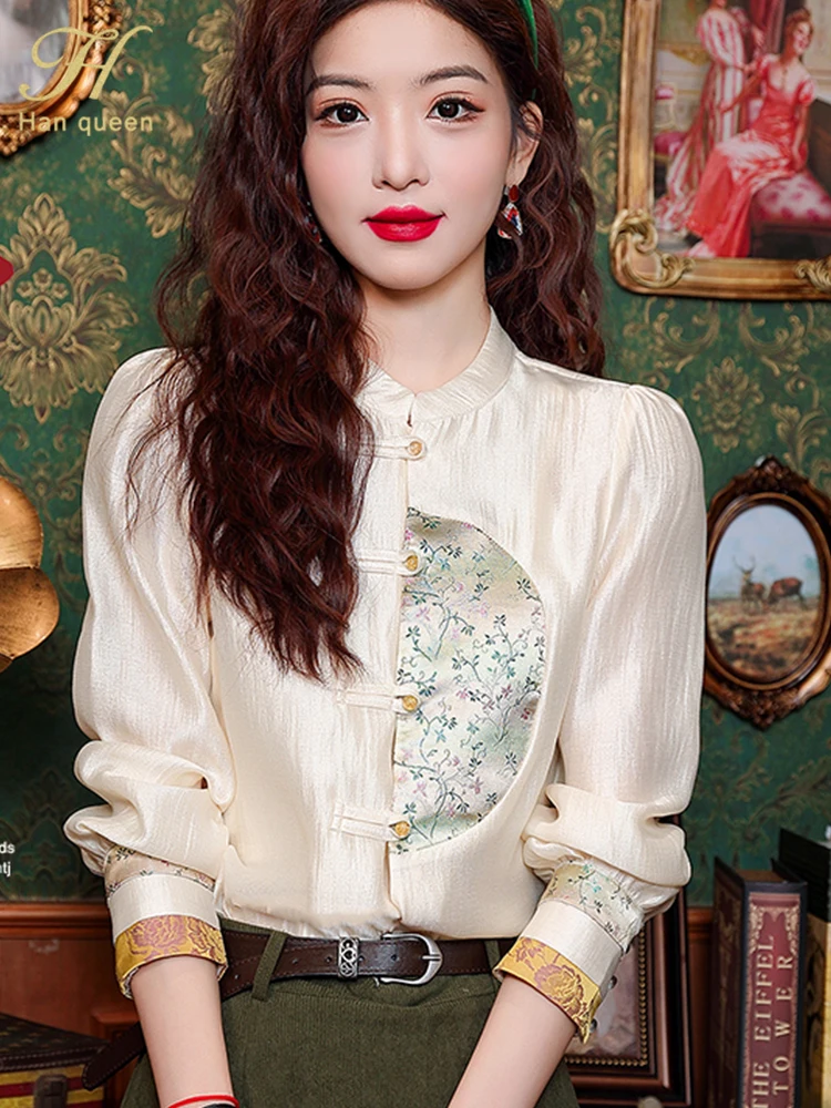 H Han Queen 2024 New Fashion korean Style Vintage Office Blouse Chiffon Shirt Simple Tops Long Sleeve Casual Loose Women Blouses