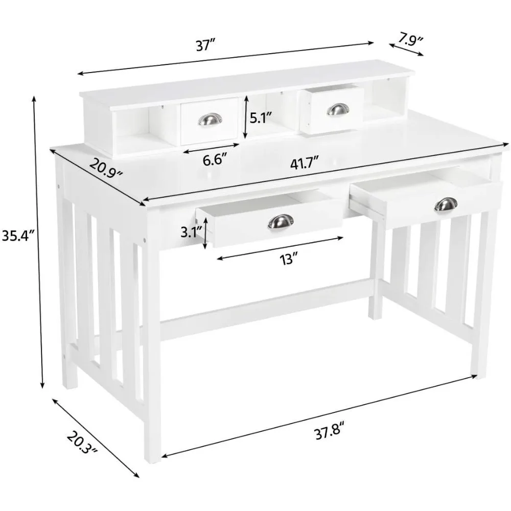 Белый компьютерный стол 41,7 дюйма с 4 ящиками и местом для хранения, 2-х ярусный стол для домашнего офиса, рабочая станция с подставкой для монитора