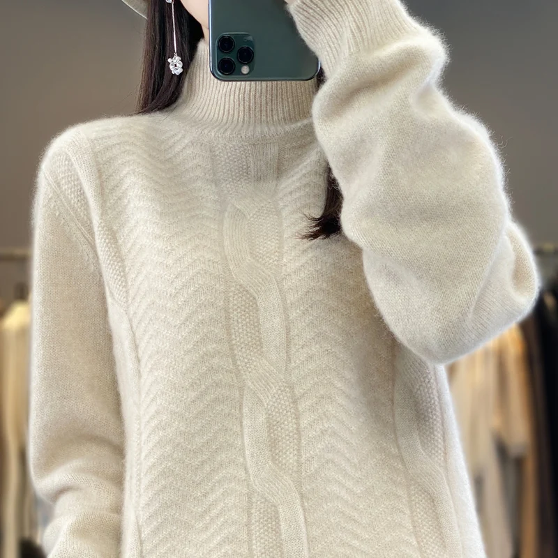 

Jue Qi women's cashmere sweater semi-high neck pullover thickened sweater 100% pure wool knitted sweater JJ-121