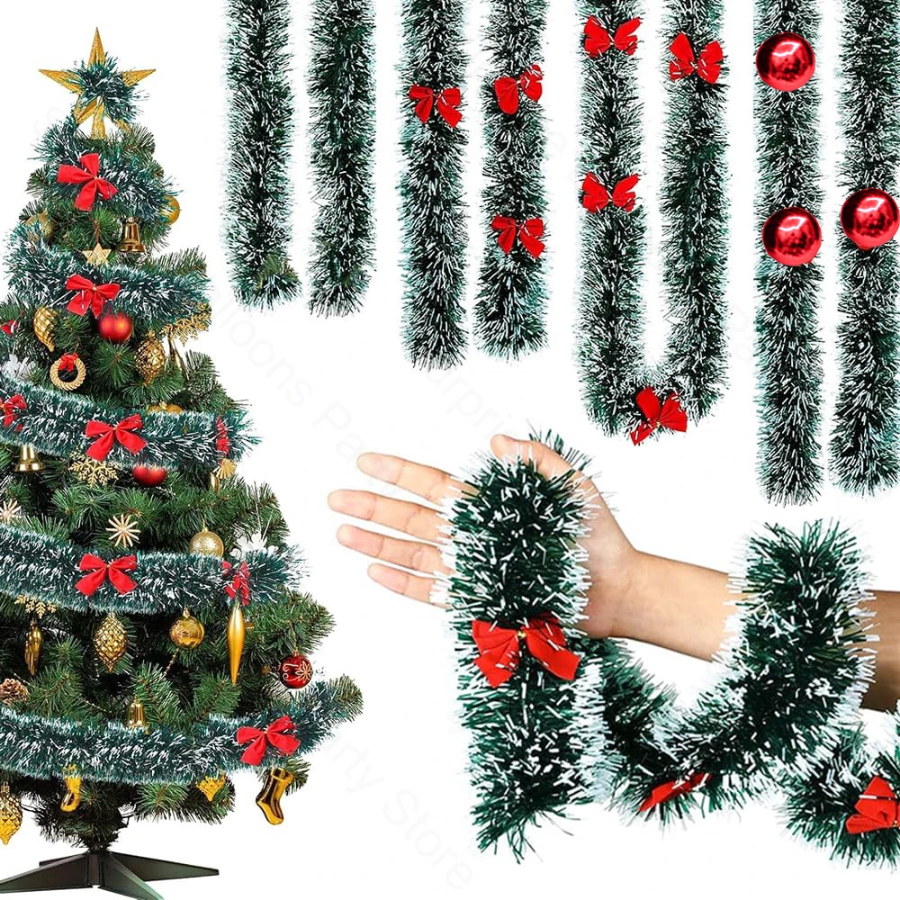 Weihnachtsgirlande-Dekorationen, 1,8 m, grüne Weihnachts-Hängegirlande, rote Schleifen, Kugeln, Ornamente, Weihnachtsbaum, Zuhause, Party, Dekoration, Neujahr