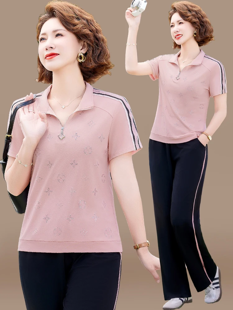 

Casual Sportswear Set for Middle-Aged Mothers Summer ort-Sve T-irt plus Size Top And Bot Faionable Loose Fit