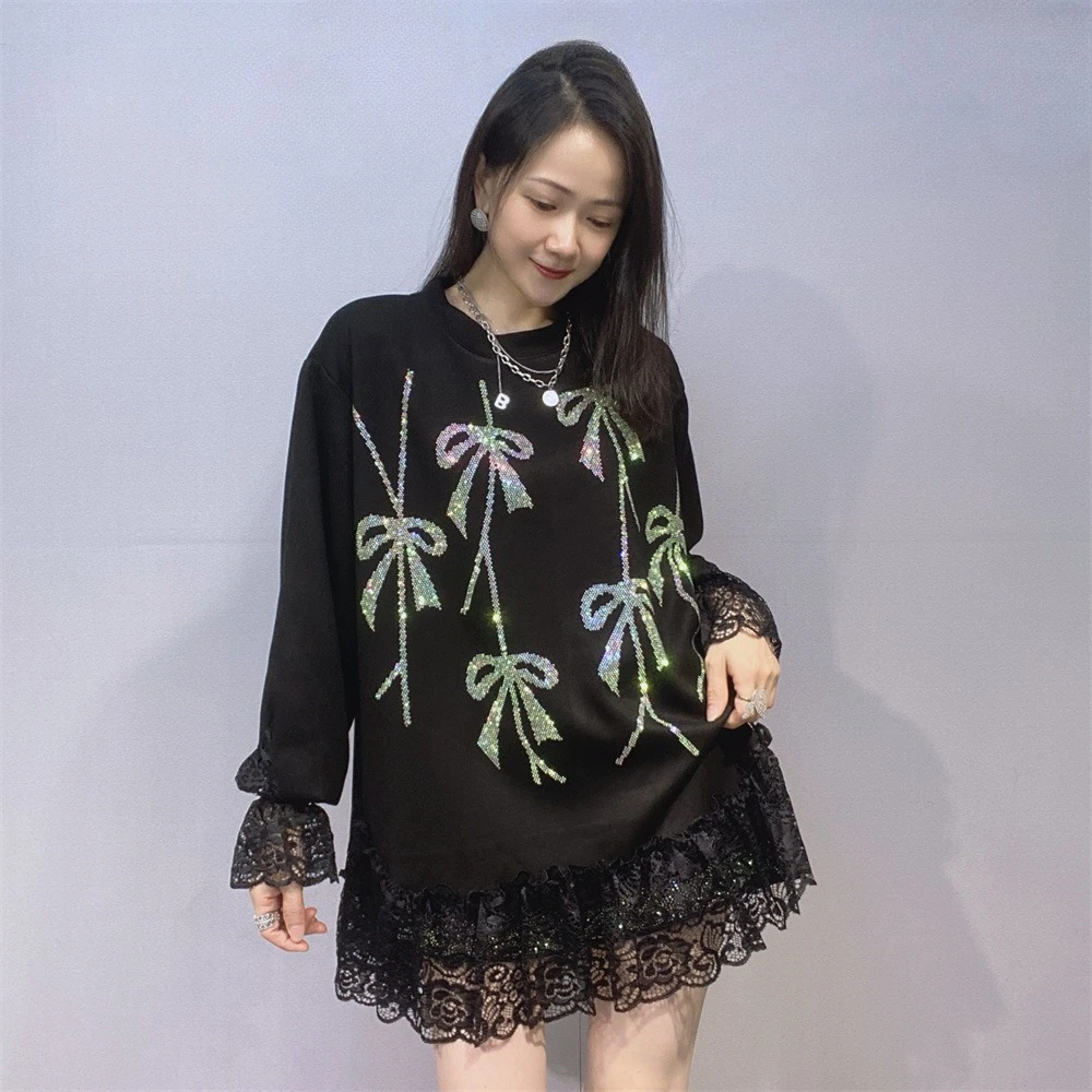 Women's Clothing 2025 Autumn Winter New Round Neck Long Sleeve Tops Women Lace Splicing Rhinestone A-line Oversize Chic T-shirts