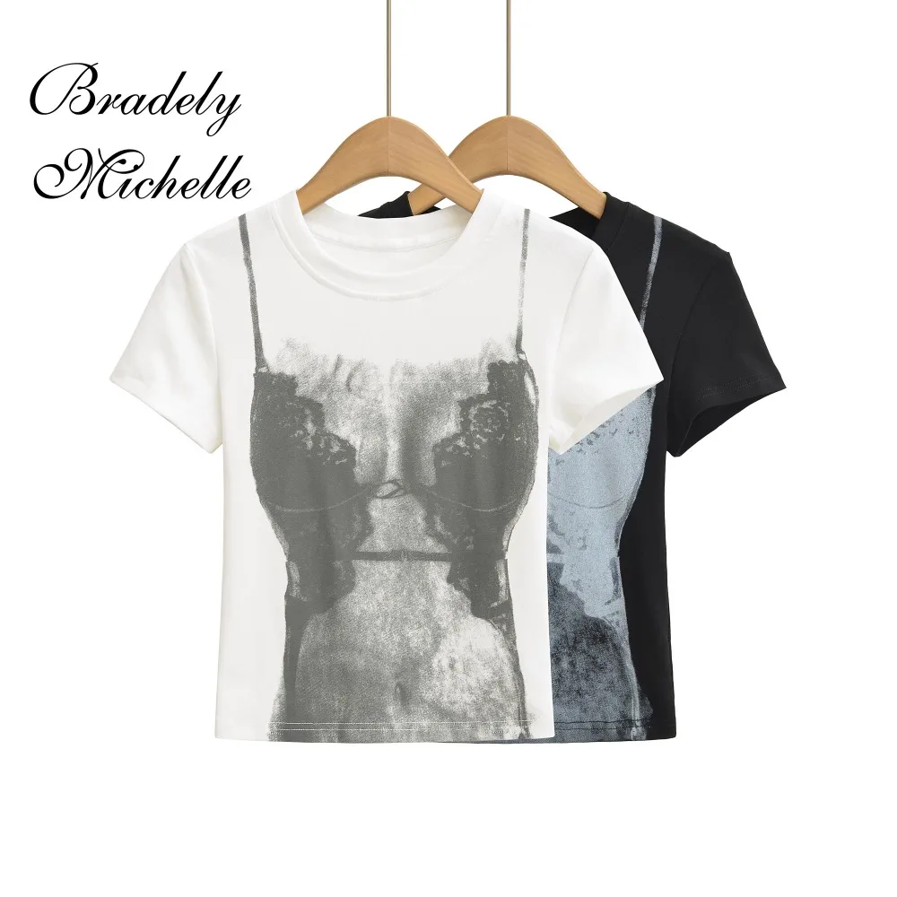 

Print Short Sleeved Round Neck Top 2025 Fashion Clothing Stretch New Women Tops Sexy Pullover Bottoming Blouses T-shirt