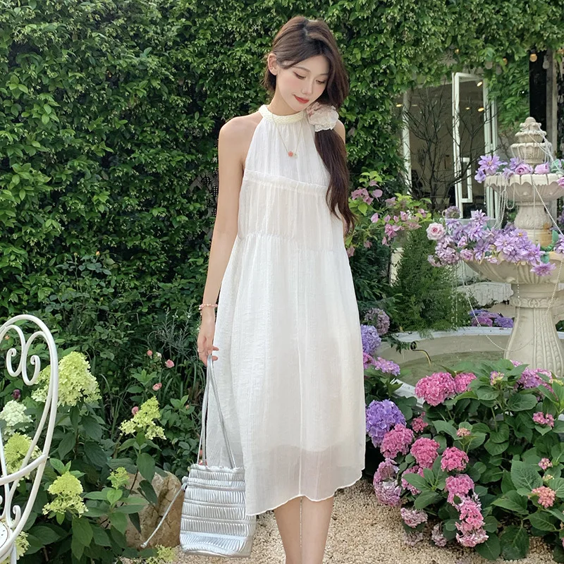 French Romantic Advanced Design Pink Sleeveless Cold-Shoulder Halter Female Summer Seaside Vacation Long Dress