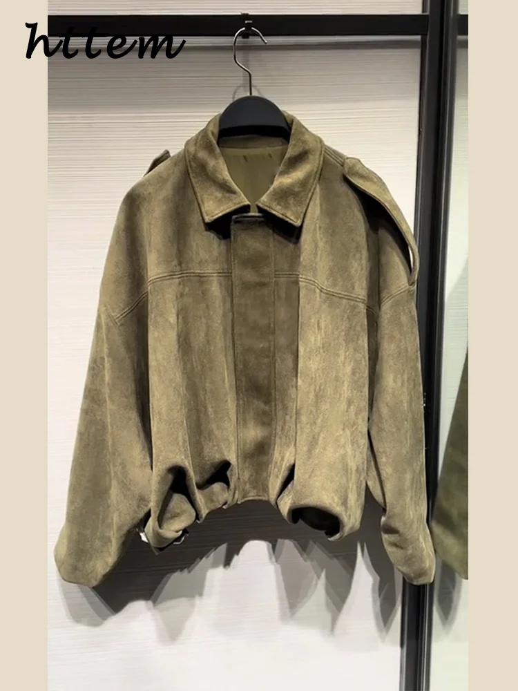 Street Women's Suede Bomber Jacket Fashion Lapel Zipper Full Sleeve Female Coats 2025 Spring Lady Casual Commute Vintage Outwear image 3