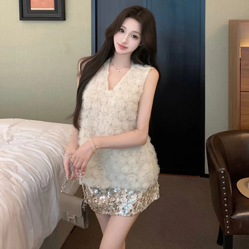 

French style three-dimensional rose sleeveless V-neck vest A-line skirt women summer retro fashion temperament two piece set