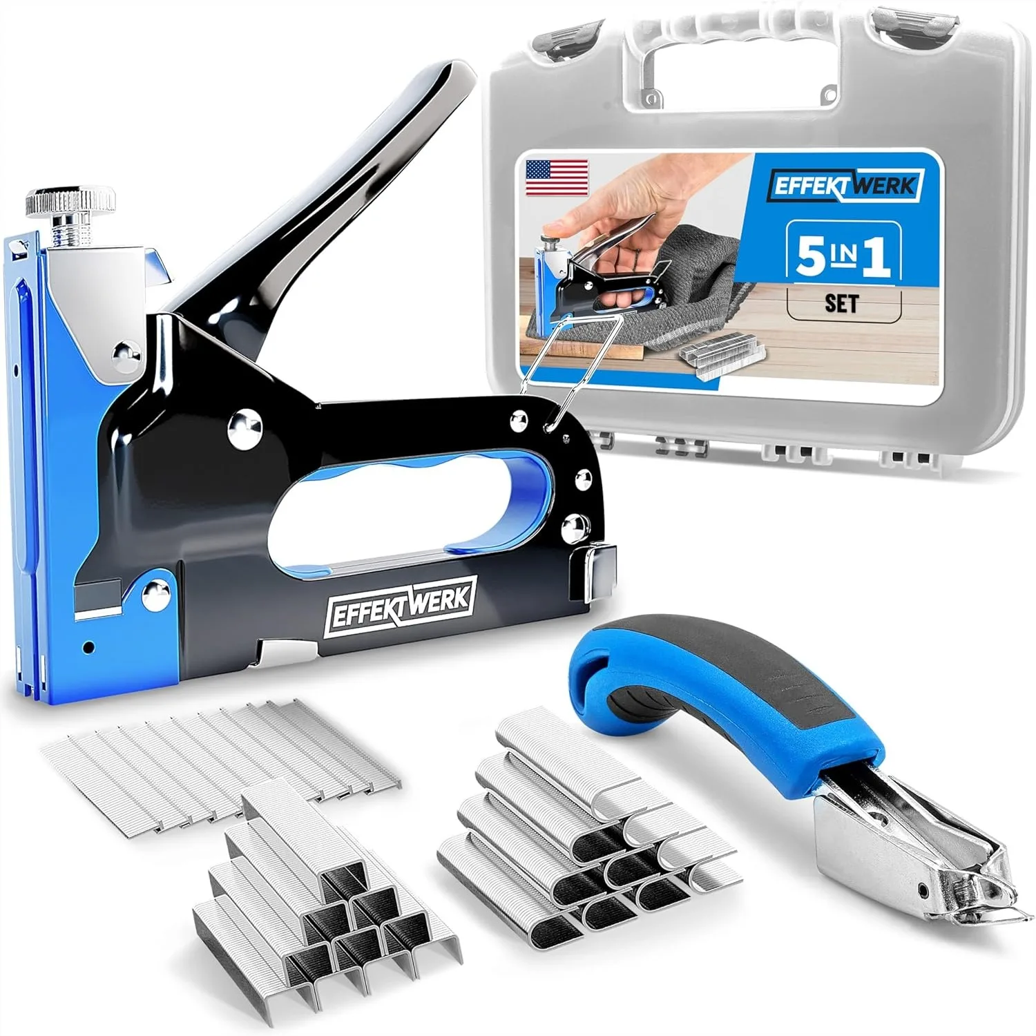 

5-in-1 Staple Gun Set with 1500 Staples & Remover - Heavy-Duty Stapler for Wood, Fabric, Carpet & Wire Mesh - Power Adjustment