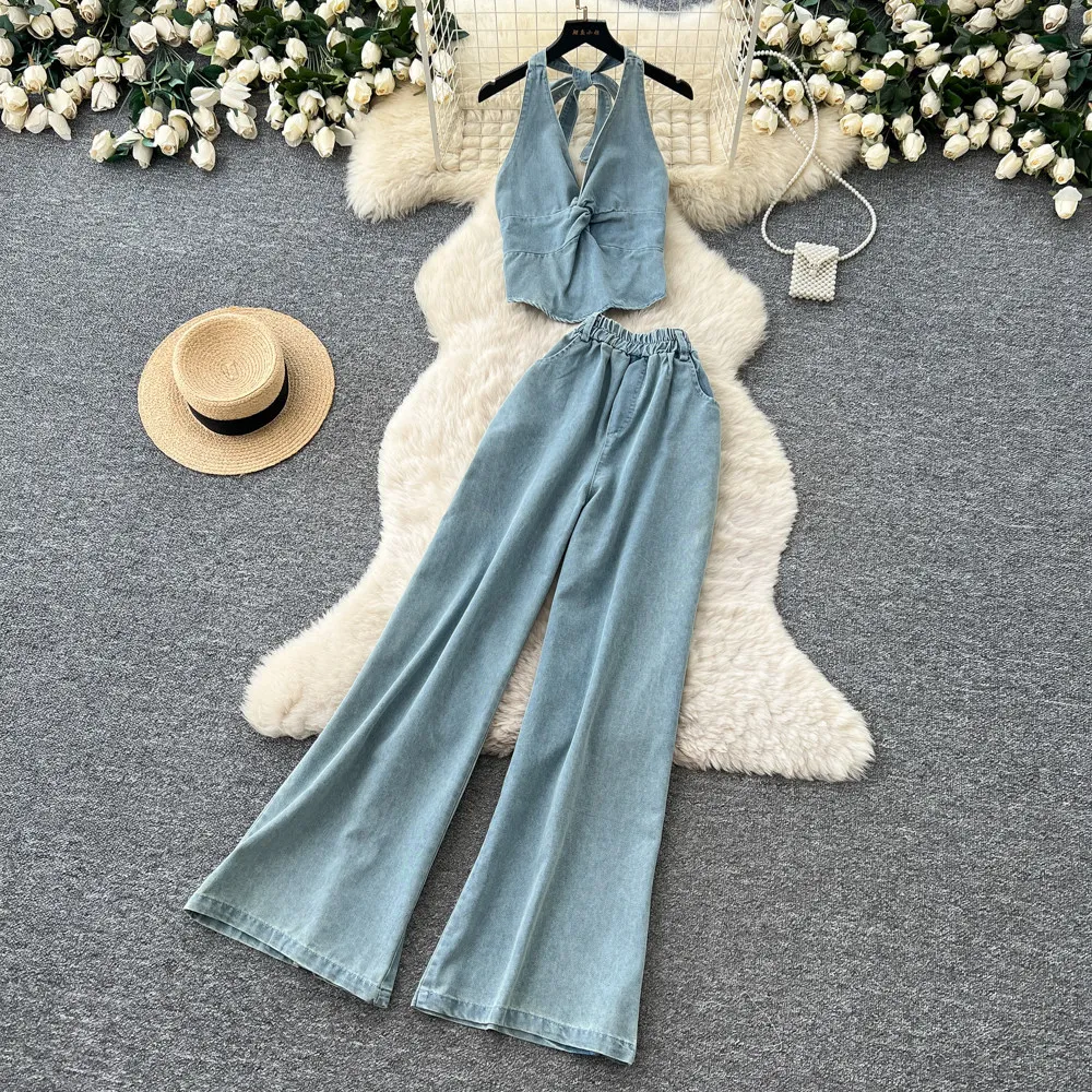 

Pant Set Women Two Piece Sets Denim Halter Sleeveless Sexy Tops Wide Leg Long Pants Elastic Waist Y2k Streetwear Elegant 2026