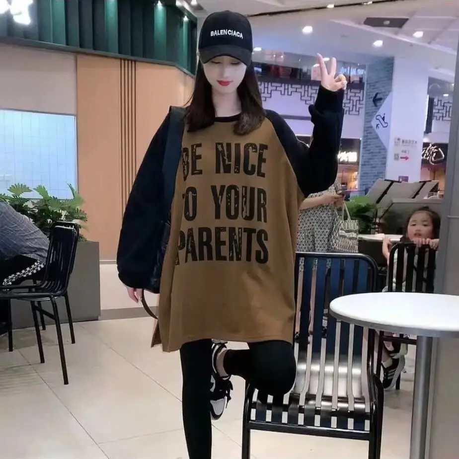 Oversized Autumn Winter New Casual Korean Patchwork O-neck Mid Length Top Female All-match Letter Loose Long Sleeve T-Shirts