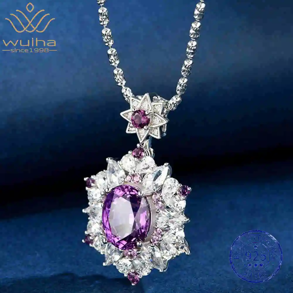 

WUIHA 925 Sterling Silver 8 * 10 MM Lab Sapphire Ametrine High Carbon Diamond Gemstone Wedding Pendant Necklace Fine Jewelry