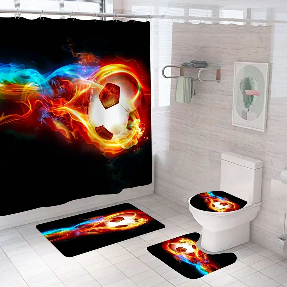 Basketball Shower Curtain Sets Boys Sports Football On Fire Bathroom Curtains with Non-Slip Toilet Lid Cover Rug Baths Mats Home