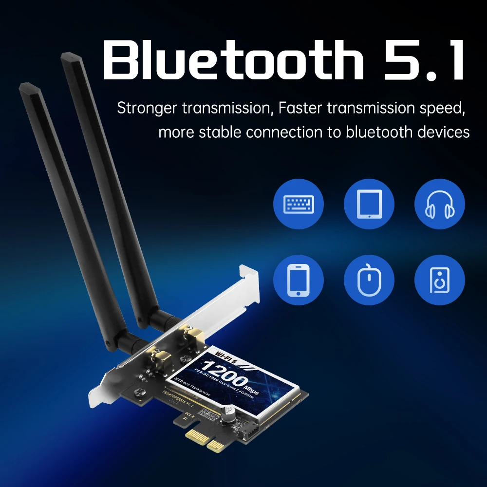 WiFi 5 AC1200R PCIE Wireless Adapter RTL8822CE Dual Band 2.4G/5Ghz Bluetooth 5.1 WiFi Card For PC Desktop Windows 7/10/11