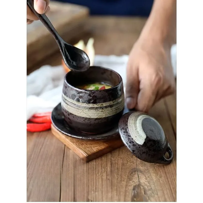 Japanese Retro Ceramic Stew Pot with Lid Spoon Set Household Multifunctional Soup Cup Restaurant Dessert Bowl Seasoning Jar