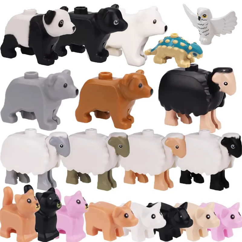 City Animal Zoo Farm Series Building Blocks Street View Panda Brown Bear Cat Pig Long Wool Sheep Cow Cattle Pet Bricks Toys Kids