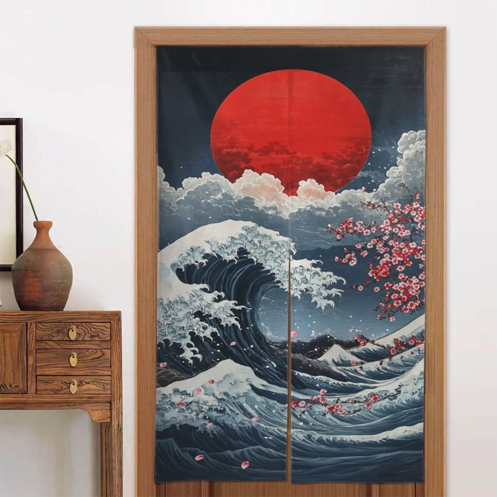 

1 шт., японская дверная занавеска Ukiyoe Wave Cherry Blossom, японский стиль, красная солнечная волна, узор, ткань, домашний декор