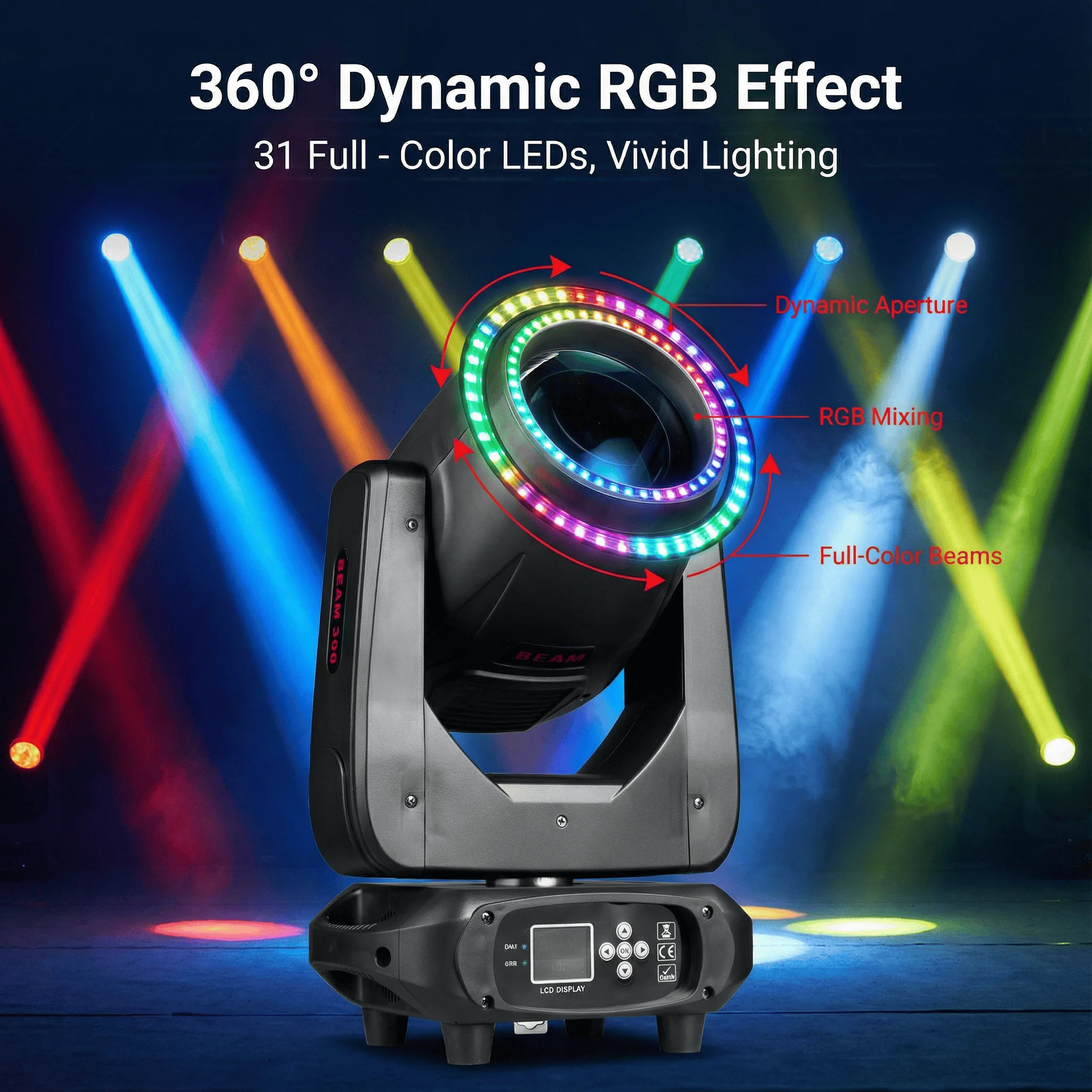 300W LED Moving Head Beam Spot Wash with Halo Effect 14R Beam Wah Zoom Sharpy 48 Rotating Prisms for DMX Stage DJ Lights