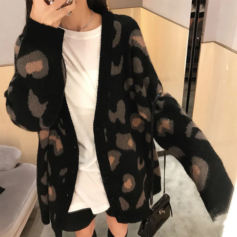 Y2K Moda Cardigan lavorato a maglia leopardato Donna Autunno Inverno Cappotto maglione con scollo a V di media lunghezza ad alta elasticità Comodo cappotti lunghi caldi
