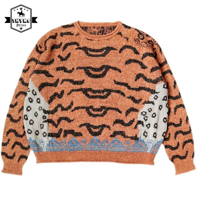 

KAPITAL Men's Long Sleeve Sweaters Vintage Winter New Japanese Style Tiger Stripe Splicing Round Neck Keep Warm Pullovers Women