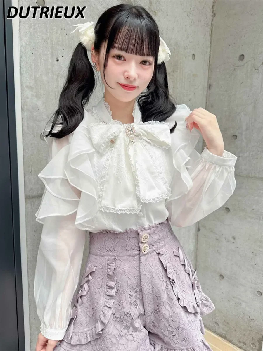 

Japanese Rojita Cute Girls Blouse Women's Big Bow Transparent Solid Color Mine Sweet Base Shirt Lantern Long Sleeve Tops