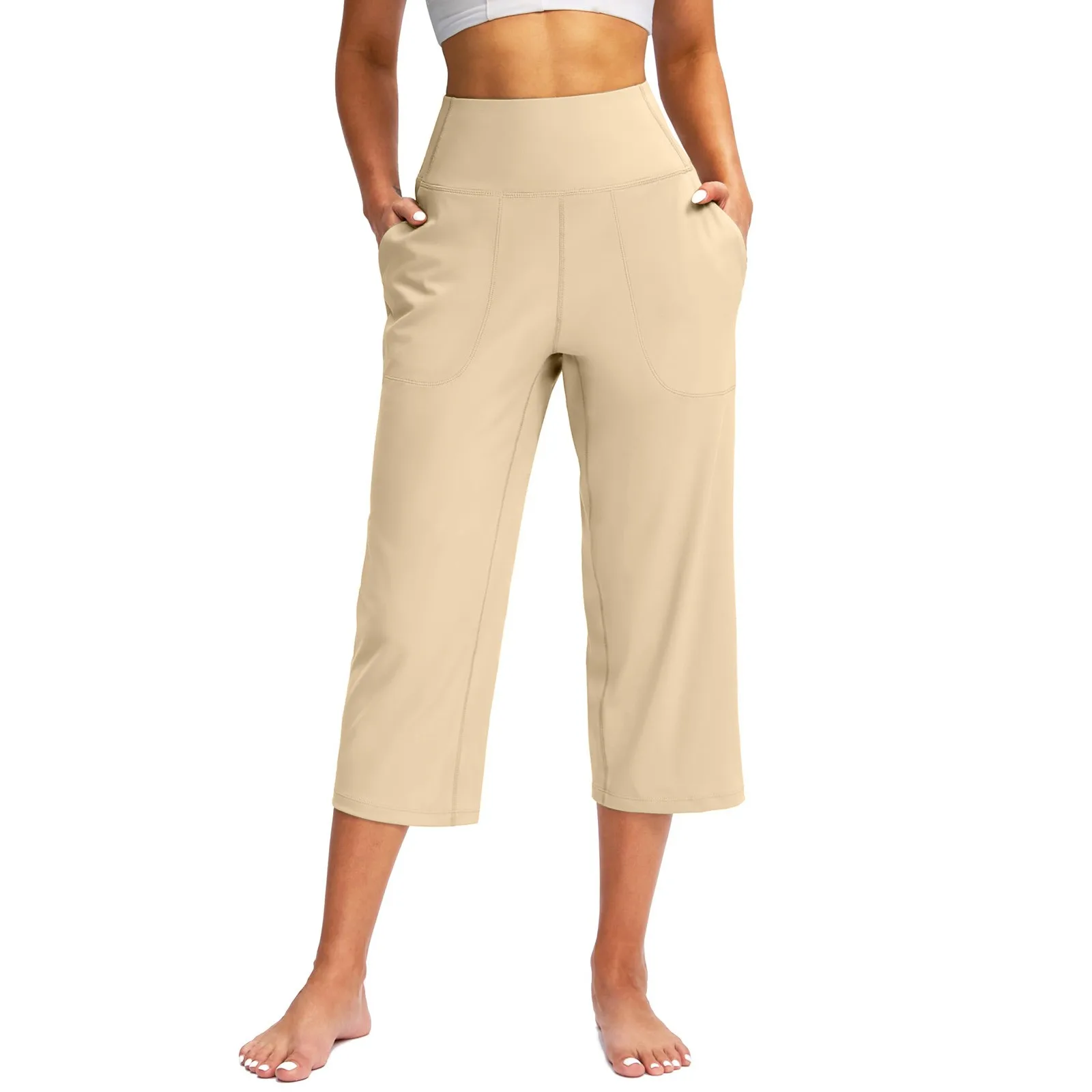 Women Elastic High Waist 3/4 Pant Casual Active  Fit Wide Capris Leg Pants Trousers With Pockets Pants for Women Women’s Pants