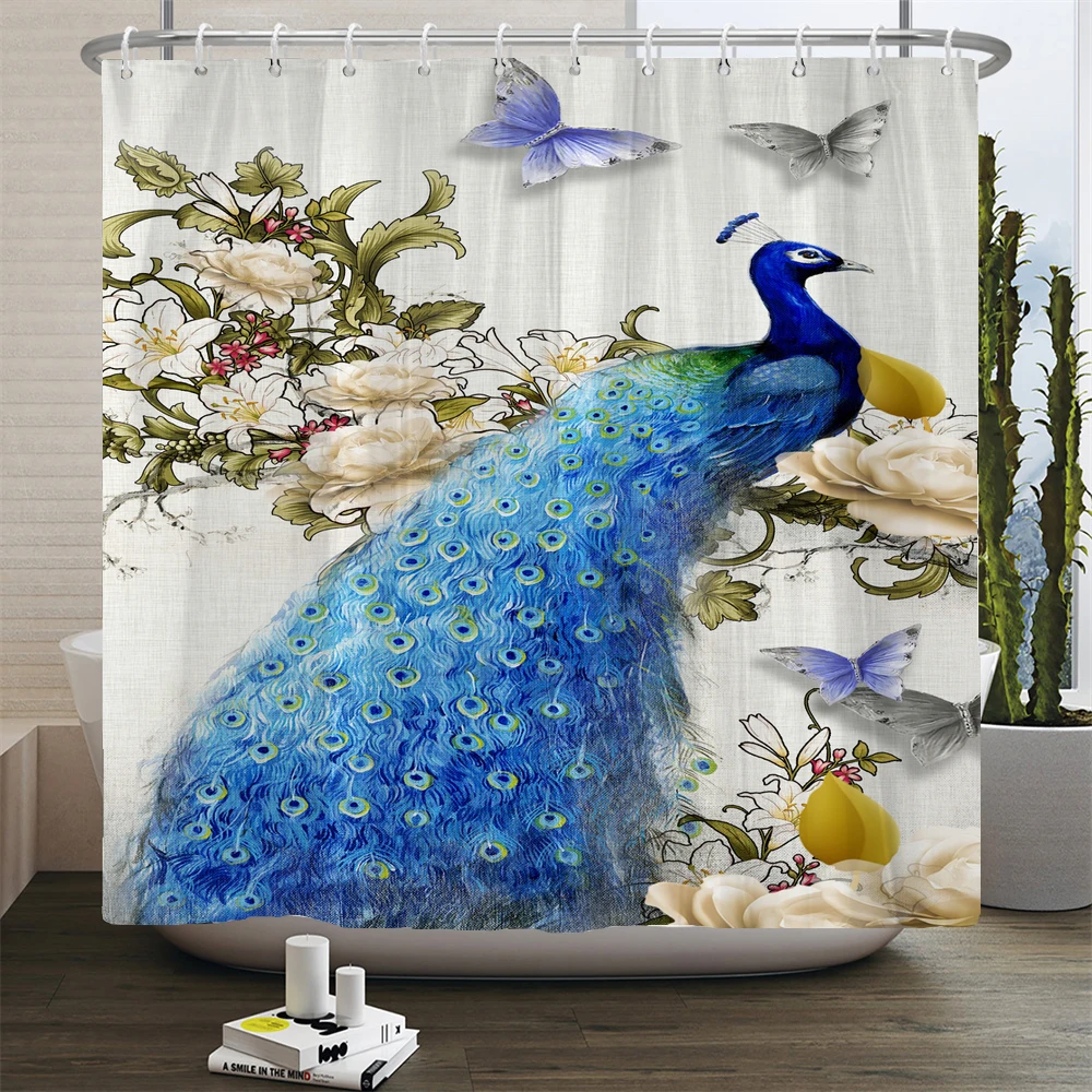 Flower-bird Peacock Waterproof Polyester Shower Curtain with Hooks For Bathtub Bathroom Screen Home Decor Large Size Wall Cloth